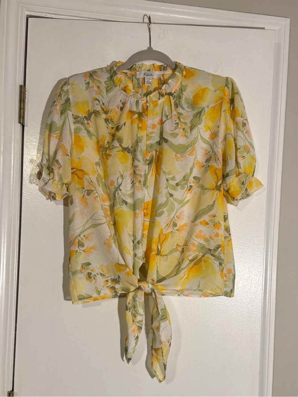 Floral Tie-Front Women's Blouse Yellow summer almost sheer lightweight vacation